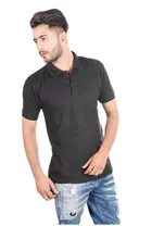 Poly Cotton Solid Polo Neck T-Shirt for Men, Black 