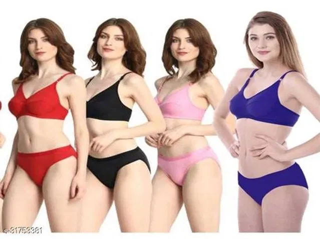 Cotton Blend Solid Lingerie Set for Women (Multicolor, 32A) (Pack of 4)