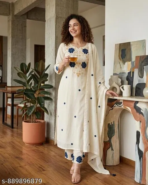 Floral Embroidered Kurta with Trousers & Dupatta for Women (Cream, M)