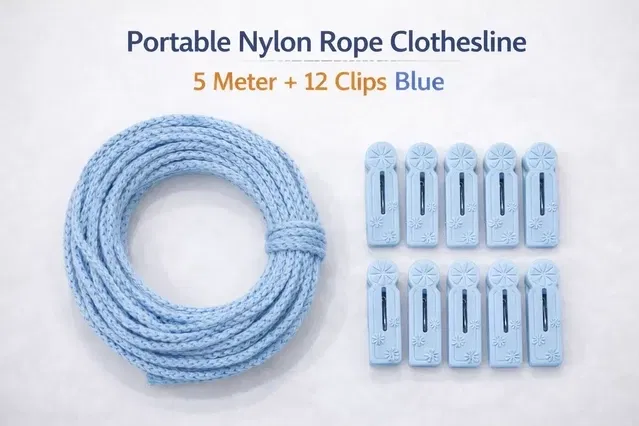Portable Nylon Rope Clothesline 5 Meter + 12 Clips Blue