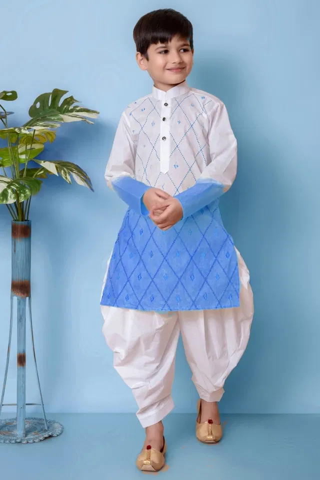 Cotton Embroidery Kurta with Dhoti for Boys, Blue & White (8-9 Years)