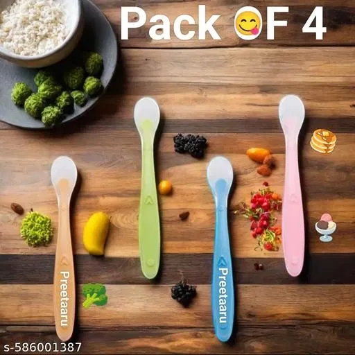 Preetaaru (Pack Of 4) Baby Soft Silicone Feeding Spoon For Kids