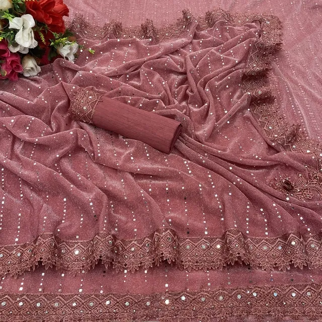 Lycra Blend Embellished Saree for Women (Peach, 6.3 m)