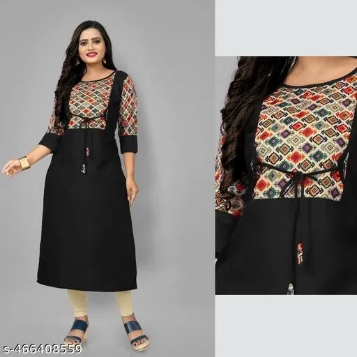 Solid Cotton Blend A-line Kurti for Women (Black, XL)