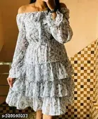 Crepe Full Sleeves Short Dress for Women (White & Grey, S)