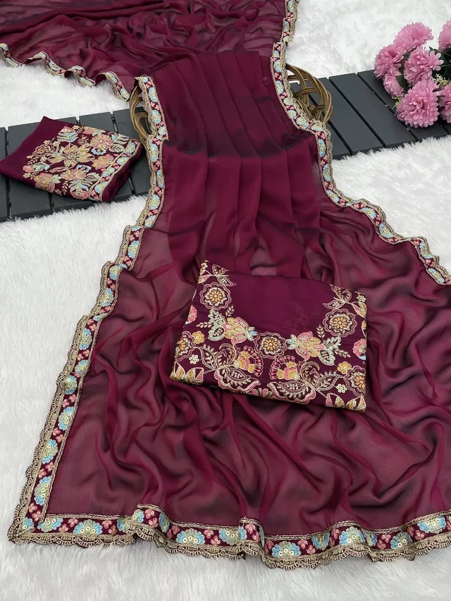 Crepe Solid Saree for Women, Wine (6.3 m)