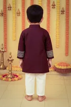 Dupion Silk Printed Kurta with Payjama for Boys, Wine & White 