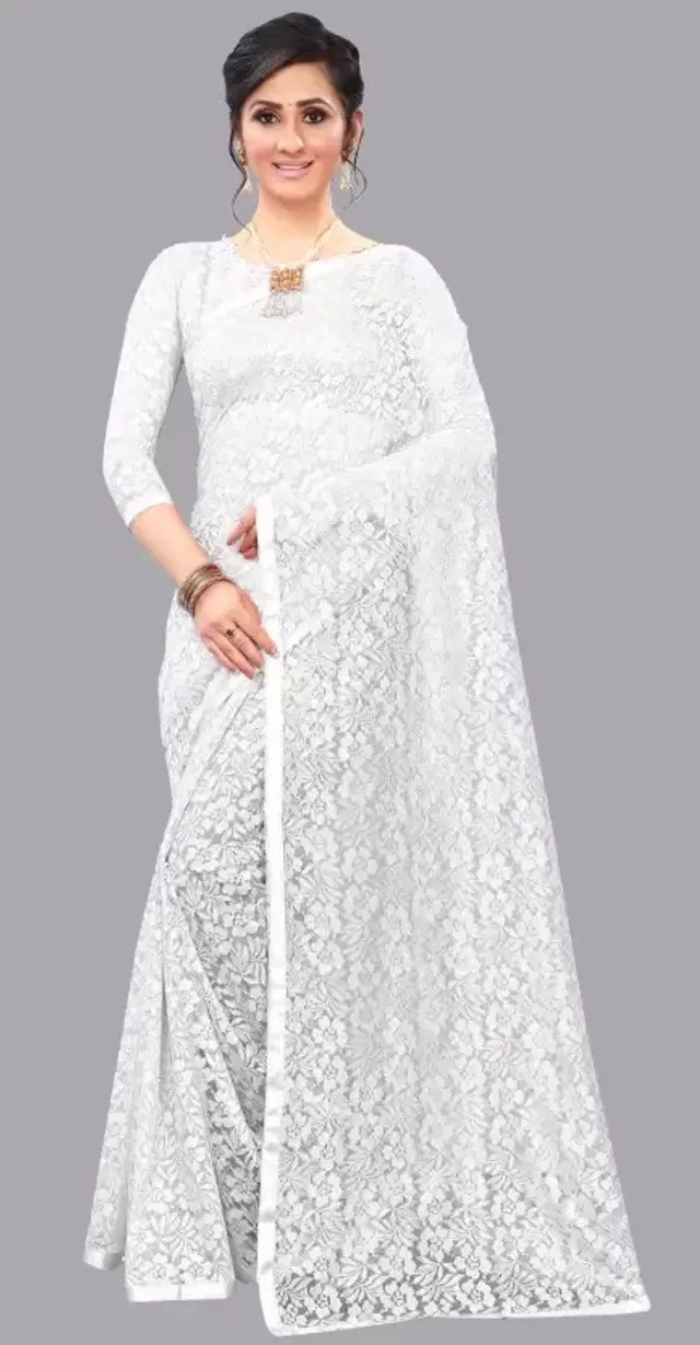 Net Solid Saree for Women (White, 6.3 m)