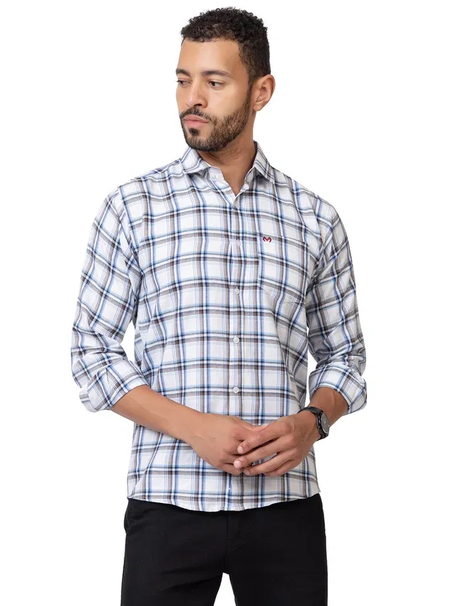 Cotton Blend Checkered Shirt for Men, White (M)