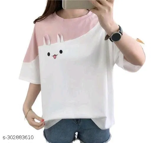 Cotton Printed T-Shirt for Women, White & Pink (XL)