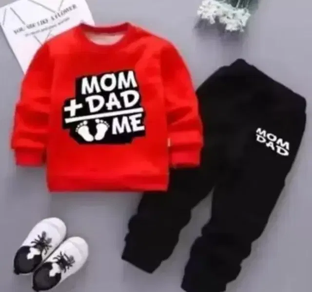 Love Mom Dad Polycotton Clothing Set for Boys ,Red & Black (12-18 Months)