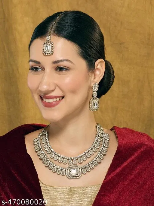 2 Layer Elegant Partywear Necklace Set for Women (White, Free Size)