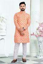 Cotton Blend Printed Kurta with Pyjama for Men (Orange & White, S)