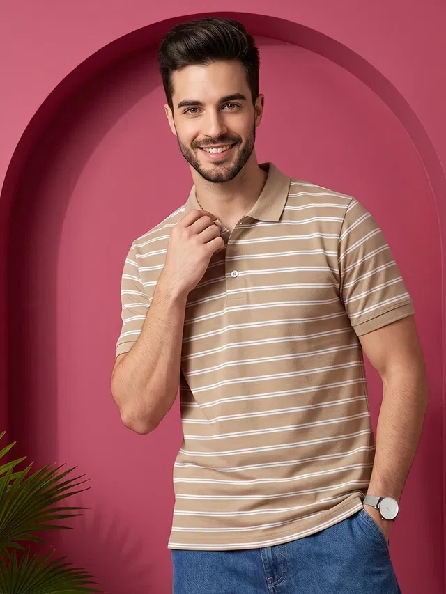 Striped Polo T-shirt for Men (Beige, XL)