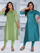 Solid Embroidered Chanderi Cotton Kurti for Women, Pack of 2 