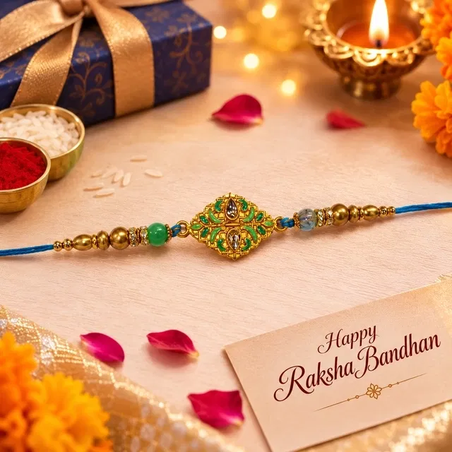 Golden Blue Moti Rakhi for Brother