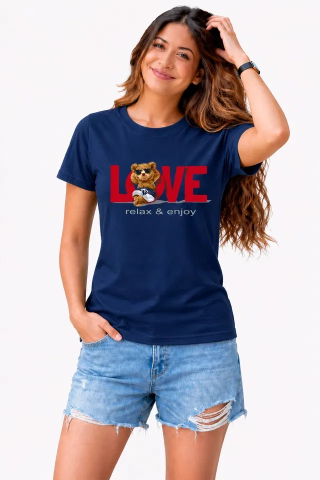 Cotton Blend Tshirts for Women (Navy Blue, L)