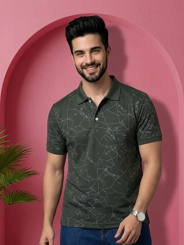 Printed Polo T-shirt for Men (Olive, M)