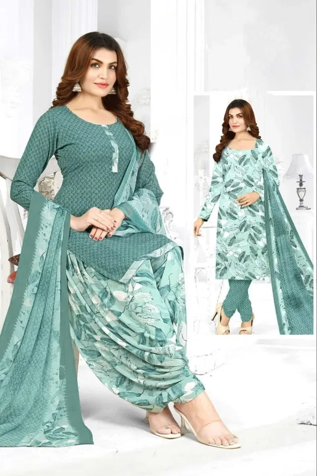 Crepe Floral Punjabi Suits for Women (Blue, Blue)