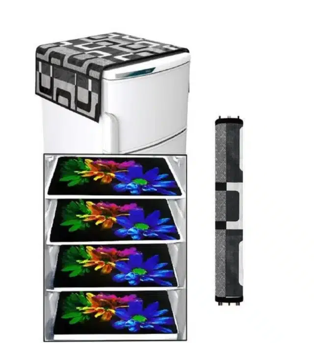 Knit Printed Fridge 4 Pcs Mat with Handle & Top Cover (Multicolor, Set of 1)
