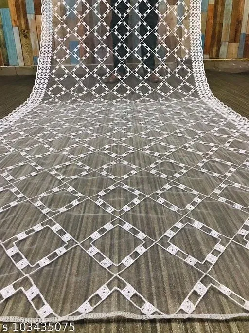 Embroidered Jaipuri Geometric Net Sewing & Embroidery (White, Free Size)
