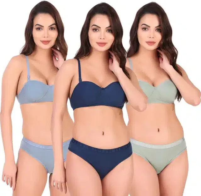 Pure Cotton Lingerie Set for Women (Multicolor, 36B) (Set of 3)