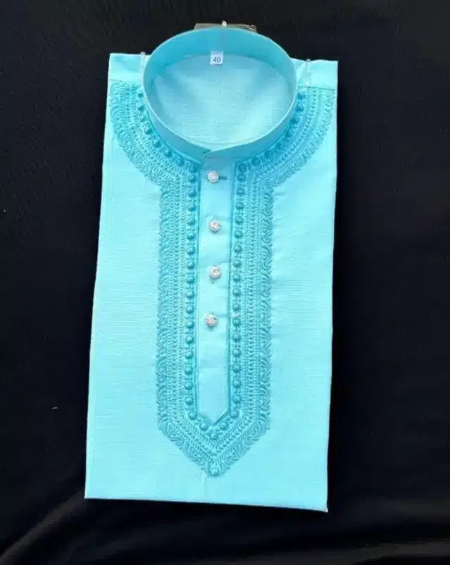 Cotton Blend Embroidered Kurta for Men (Aqua Blue, L)