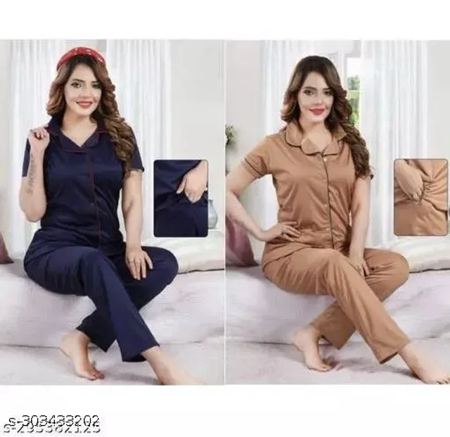 Satin Nightsuit for Women (Navy Blue & Beige, XXL) (Pack of 2)