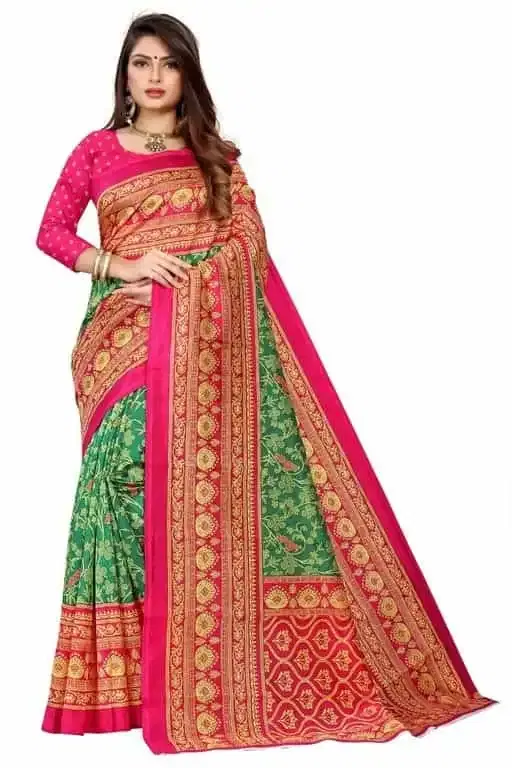 कानूड़ा प्रिंट्स फैंसी विमेंस मैसूर आर्ट सिल्क प्रिंटेड साड़ी (ग्रीन) (K-15)