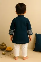 Dupion Silk Printed Kurta with Payjama for Boys, Teal & White 
