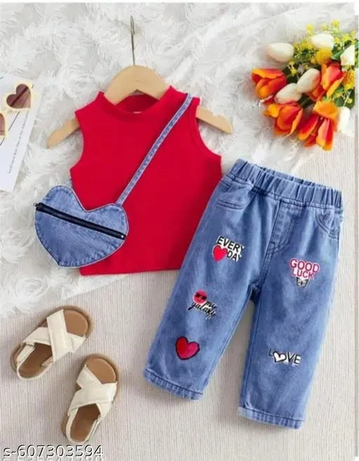 Hosiery Cotton & Denim Printed Clothing Set for Kids, Red & Blue (9-12 Months)
