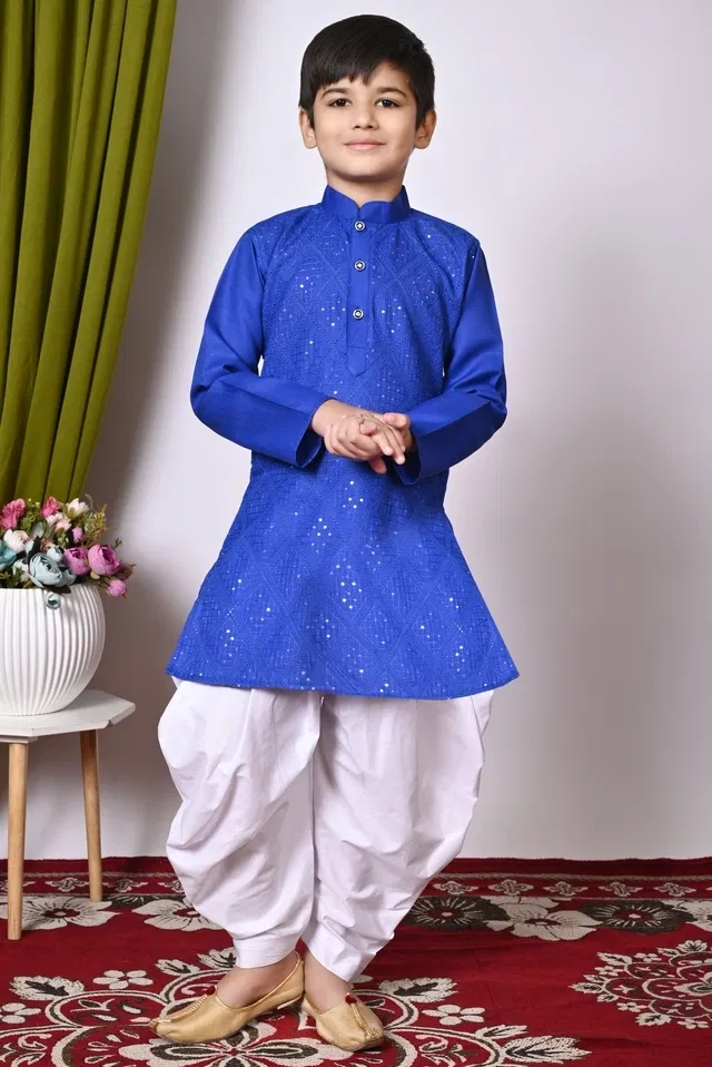 Cotton Embellished Kurta with Dhoti for Boys, Blue & White (6-7 Years)