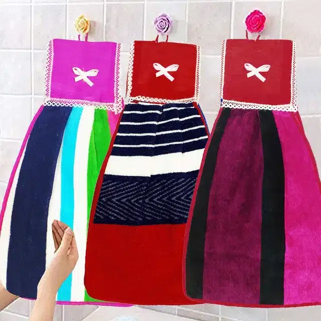 Soft Cotton Double Side Hanging Hand Towel (Multicolor, Pack of 3)