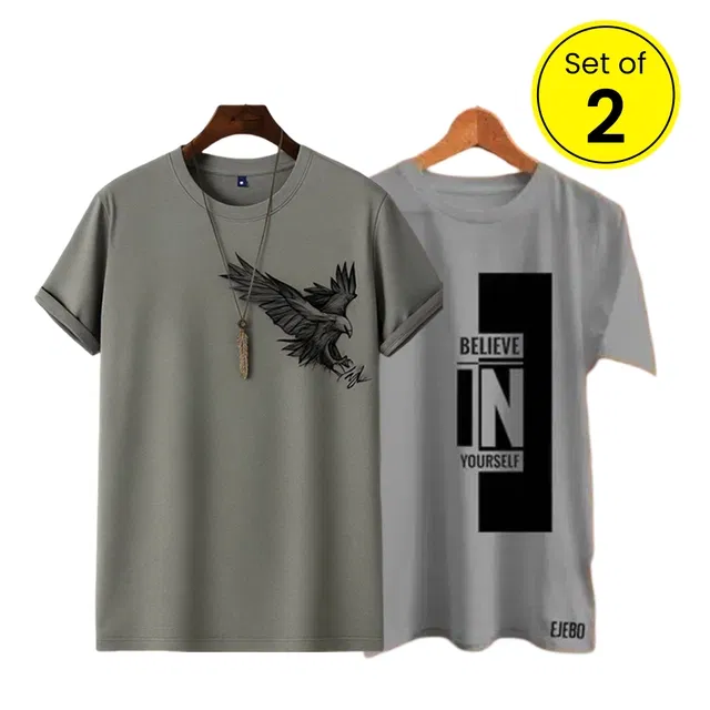 Round Neck Printed T-Shirt for Men, Set of 2 (Grey, XL)