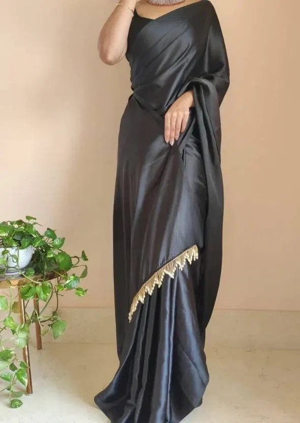 Satin Solid Saree for Women (Black)