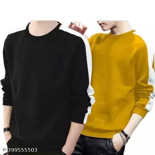 Cotton Blend Solid T-Shirt for Men, Black & Yellow, Pack of 2 (XXL)