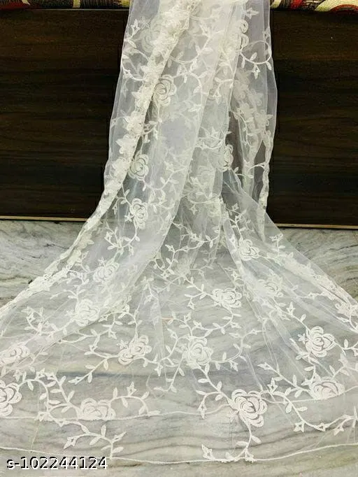 Embroidered Jaipuri Net with Aari Work Sewing & Embroidery (White, Free Size)