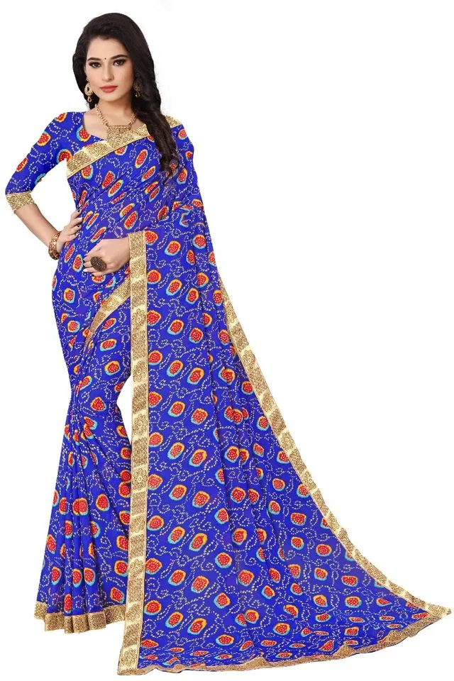 कानूड़ा फैंसी विमेंस जॉर्जेट फ्लावर प्रिंटेड साड़ी (ब्लू, 5.5 M) (K13)