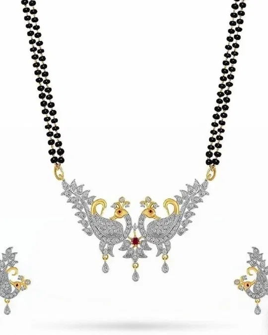 Stones Studded and Beaded Mangalsutra with Earrings, Gold