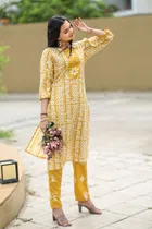 Cotton Blend Printed Kurta with Pant for Women 