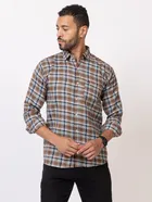 Cotton Blend Checkered Shirt for Men, Brown 
