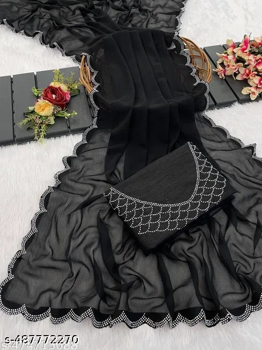 Georgette Solid Saree For Women, Black