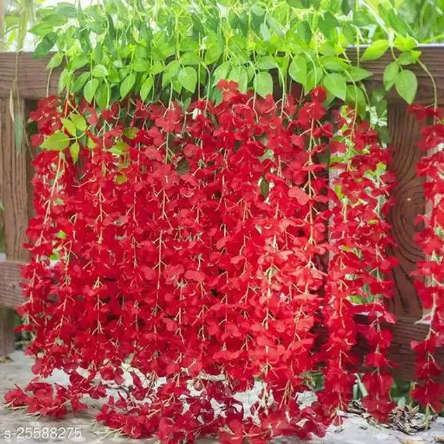 Polyester Artificial Hanging Flower Garlands (Red & Green, Pack of 6)