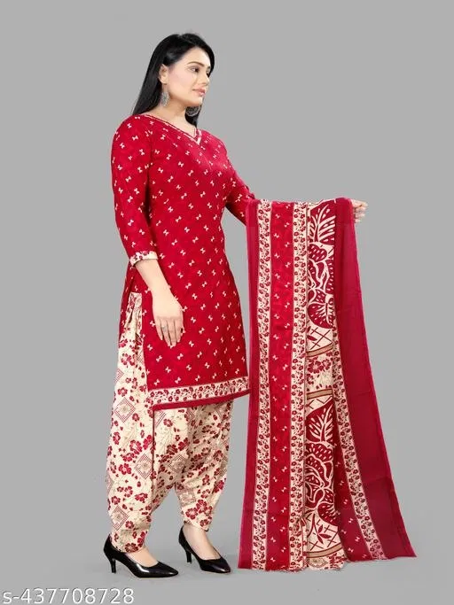 Cotton Printed Salwar Suit & Dupatta Sets for Women (Cream, XL)