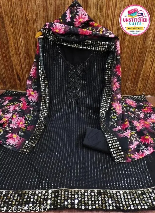 Embroidered Unstitched Suit for Women (Black & Pink, 2.25 m)