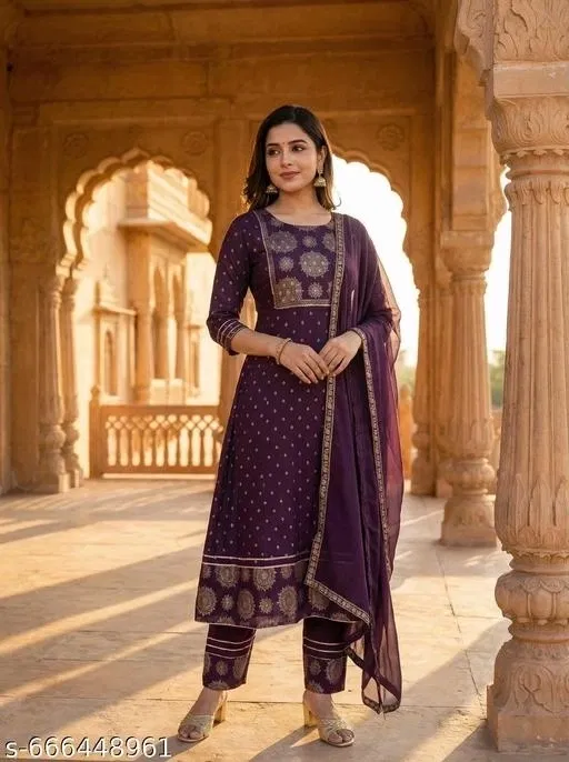 Rayon embroidered Kurta Set for Women ( Purple,XL )