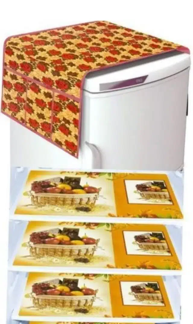 Knit Printed Fridge 3 Pcs Mat with Top Cover (Yellow, Set of 1)