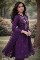 Floral Embroidered Cotton Blend Kurta Pant With Dupatta Set for Women 