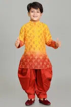 Dupion Silk Printed Kurta with Dhoti for Boys, Yellow & Red 