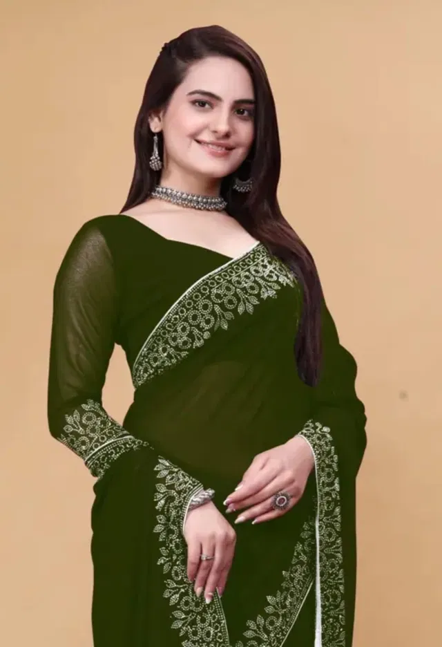 Georgette Embellished Saree for Women (Green, 6.3 m)